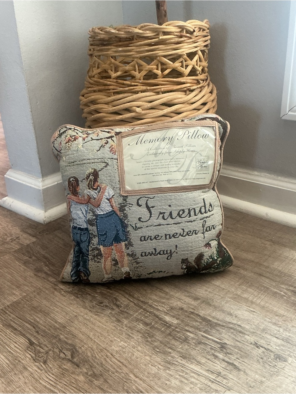 Memory Pillow Accent Pillow in Beige and Blue - "Friends" Tapestry Design
